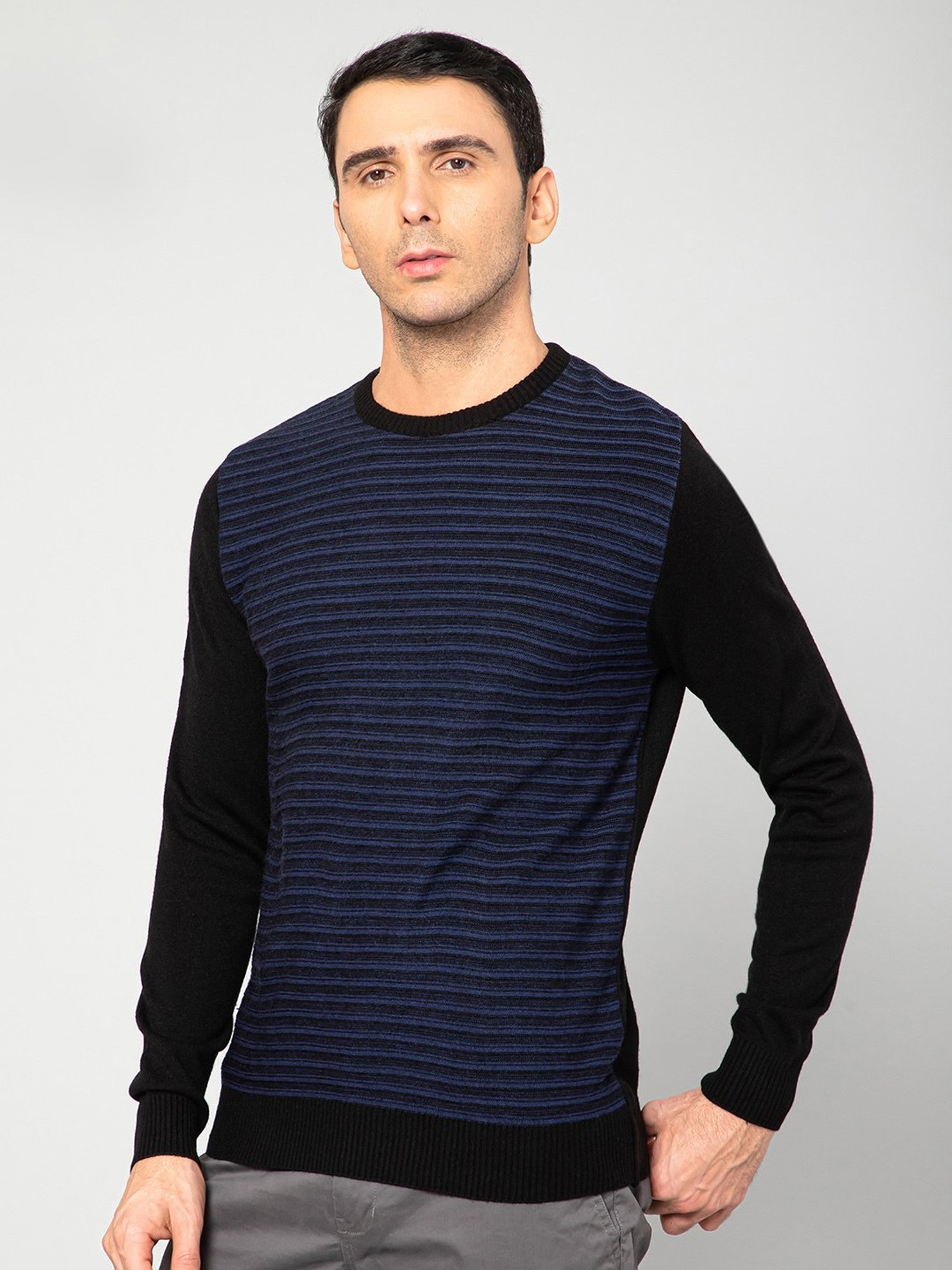 Cantabil Black Regular Fit Striped Sweater