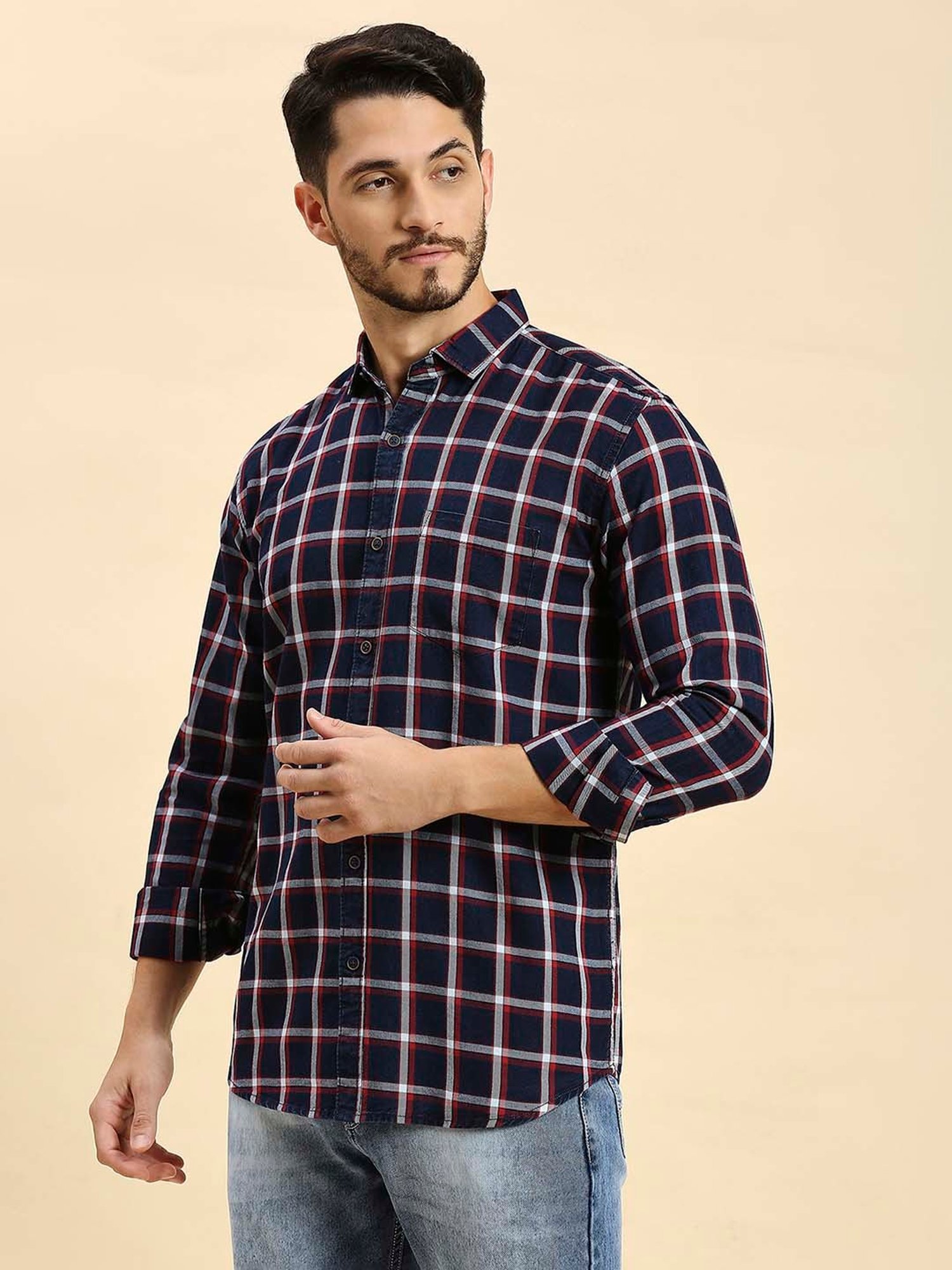 HJ HASASI Navy Slim Fit Check Cotton Shirt