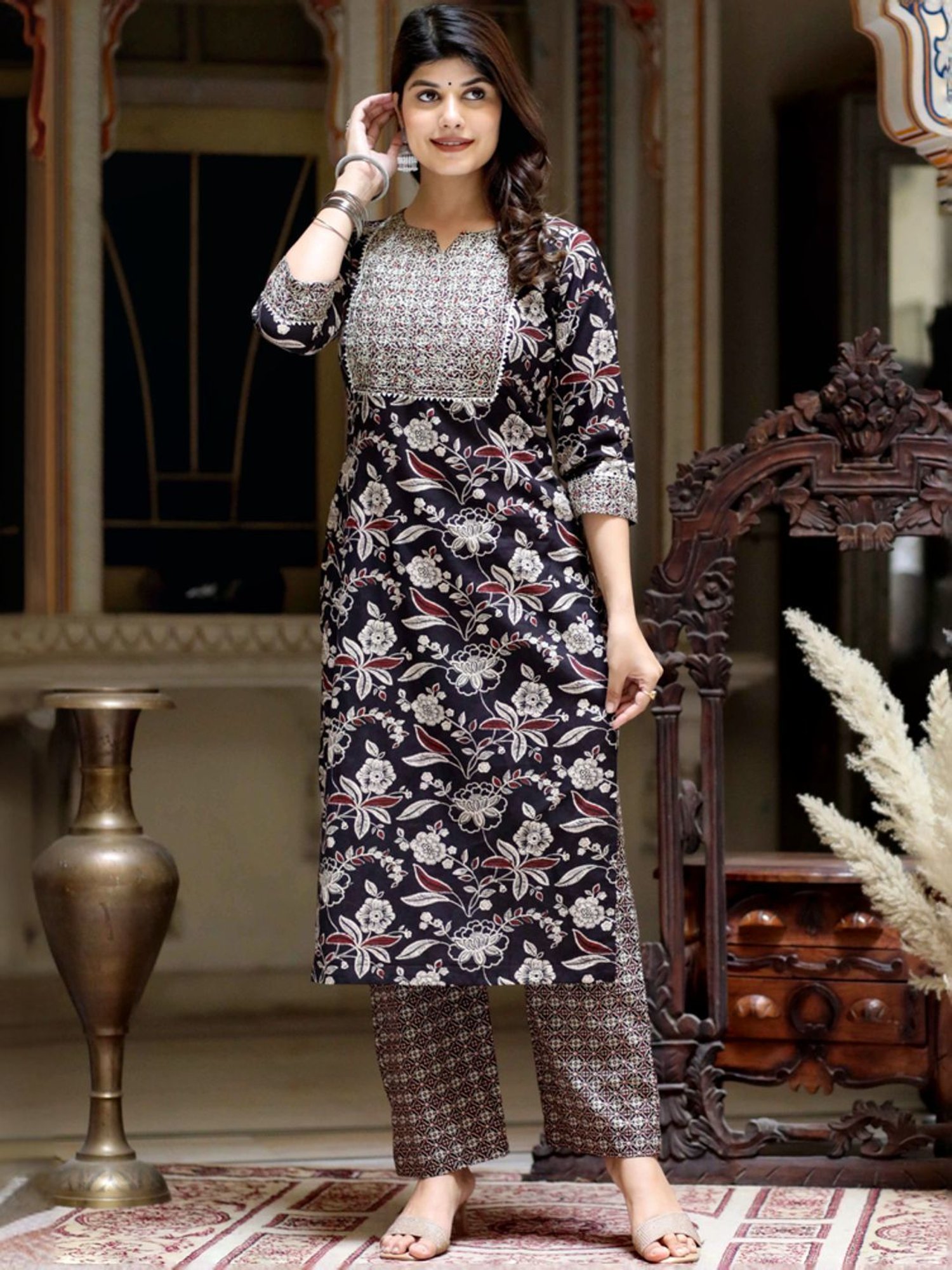 Miravan Black Cotton Embroidered Kurta Palazzo Set