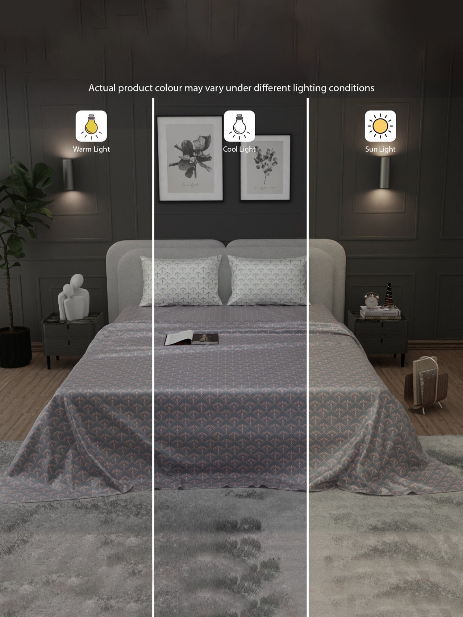 Stoa Paris Elegance Grey Polyester 300 TC Sateen King Size Bed Sheet With 2 Pillow Covers