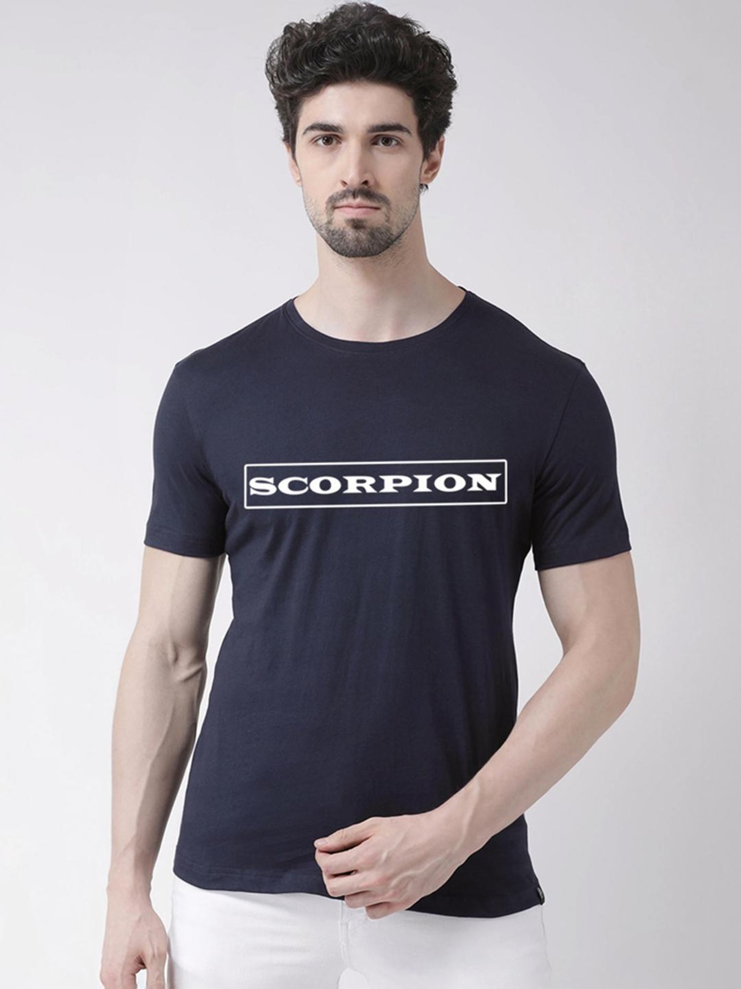 Friskers Navy Blue Cotton Slim Fit Printed T-Shirt
