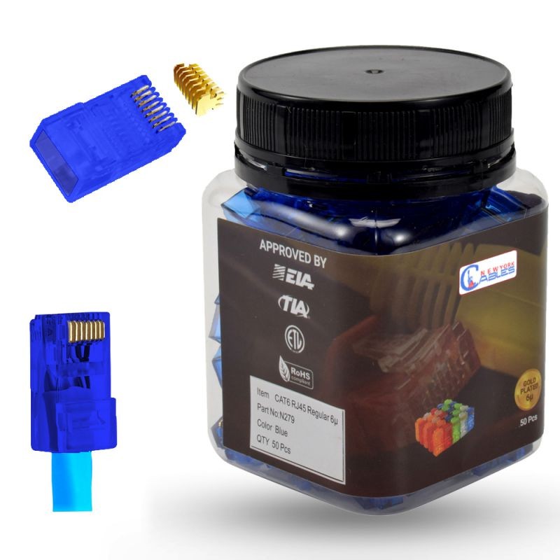 CAT6 Rj45 Connector 8P8C 50Pack/Jar Ethernet Cable Connector  Crimp Connector Gold Plated UTP Blue