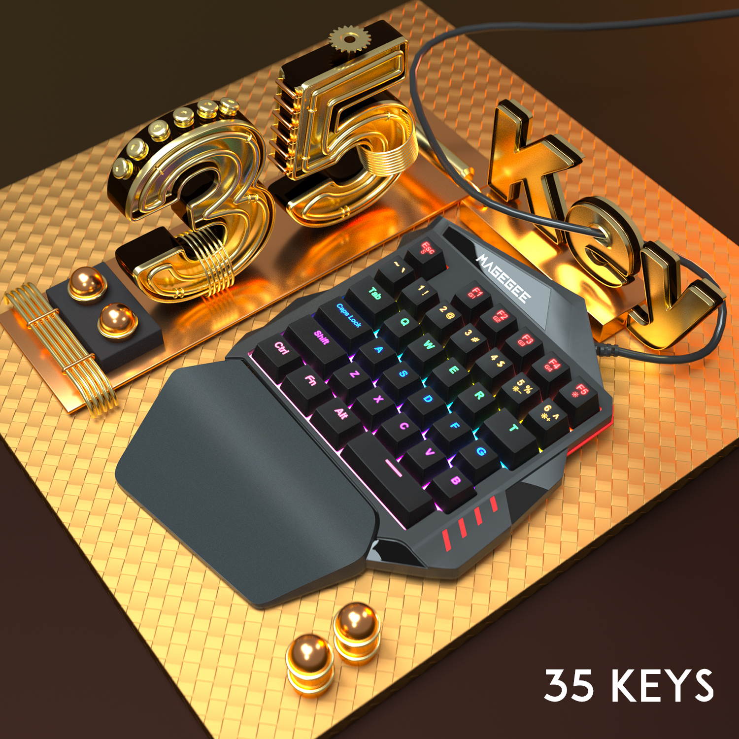 One-Handed Mechanical Gaming Keyboard, MageGee MK-AXE 35 Keys Rainbow Backlit Wired Keyboard, Blue Switches, Support Wrist Rest, Portable Mini Gaming Keypad with Programmable Keys Macro Recording