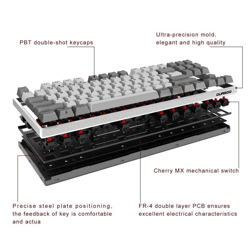 DURGOD Mechanical Keyboard Cherry MX Silent Red Switches N-key Rollover 87 Keys(PBT Keycaps) Type C Interface for Gamer/Typist/Office