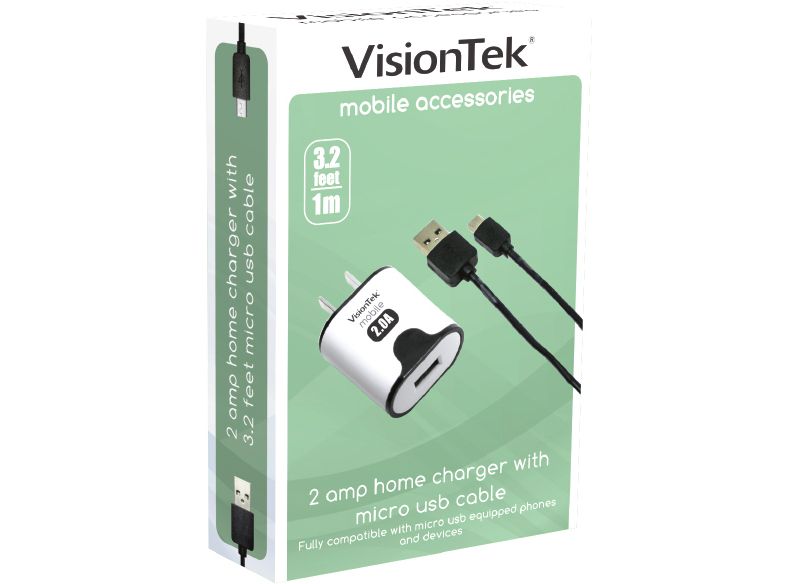 VisionTek 2 amp home charger with 3.2 foot micro USB cable - 5 V DC Output Voltage - USB