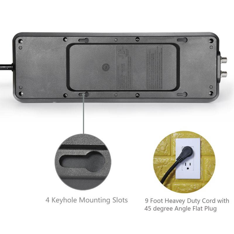 BESTTEN 10 Outlet All-In-One Surge Protector Power Strip with 2 USB Charging Ports (3.1A Total) and Phone/Ethernet/Coaxial Protection, 9-Foot Ultra Long Extension Cord, 3800 Joules, ETL Listed, Black