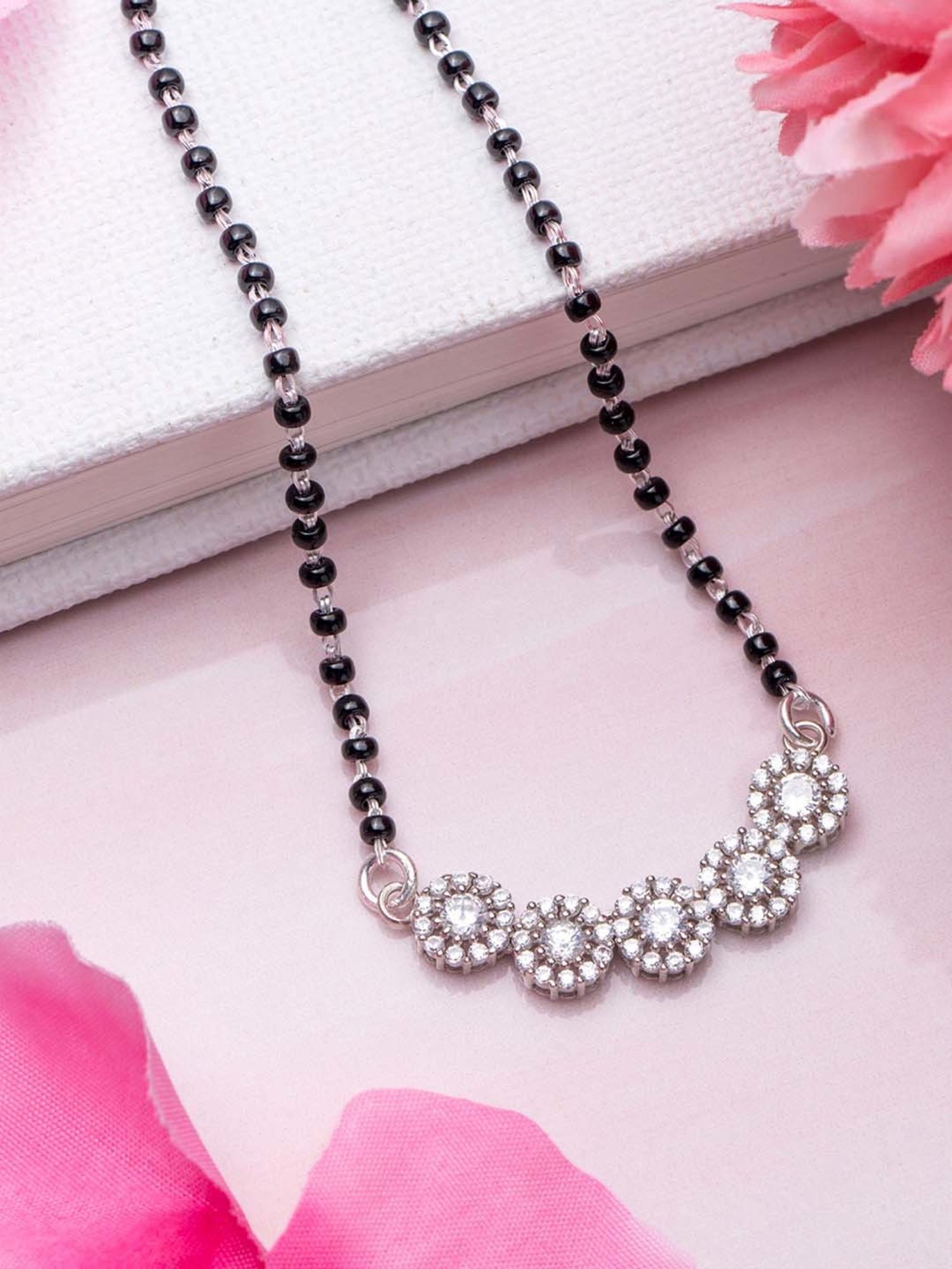 Zavya 925 Silver Rhodium-Plated Eternal Bloom CZ Black Beads Mangalsutra for Women