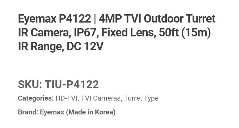 Eyemax TIU-P4122-B28 4MP HD TVI, In/Outdoor IR Turret Camera, 2.8mm Grey ( Made In Korea ) 12V DC