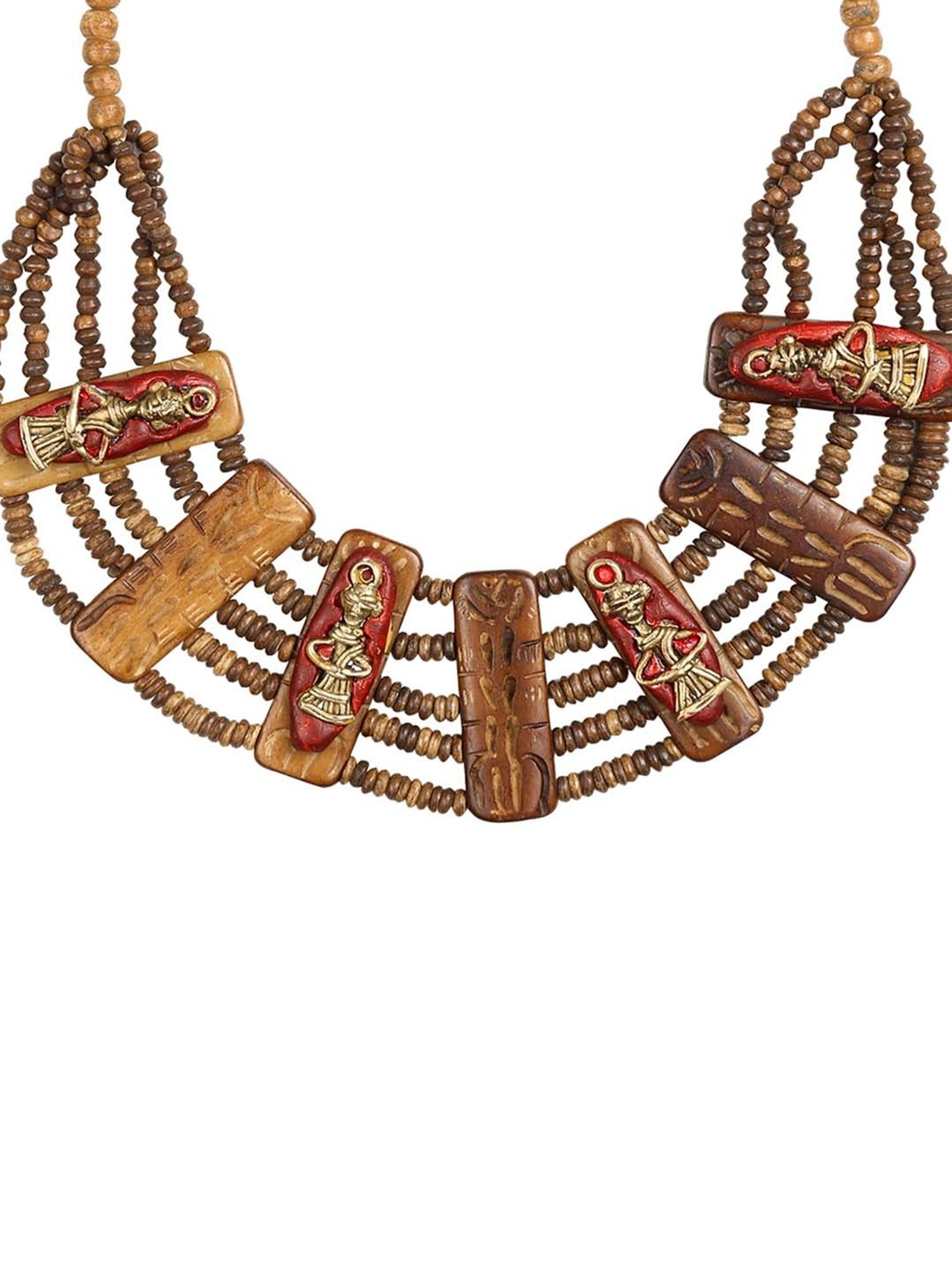 ExclusiveLane 'Tribal Men Carved' Brown & Maroon Brass Necklace Handcrafted in Dhokra Art