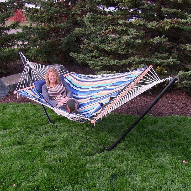 Sunnydaze Cotton Rope Patio and Backyard Hammock with Steel Stand and Quilted Pad and Pillow Set - 12' Stand - Lakeview