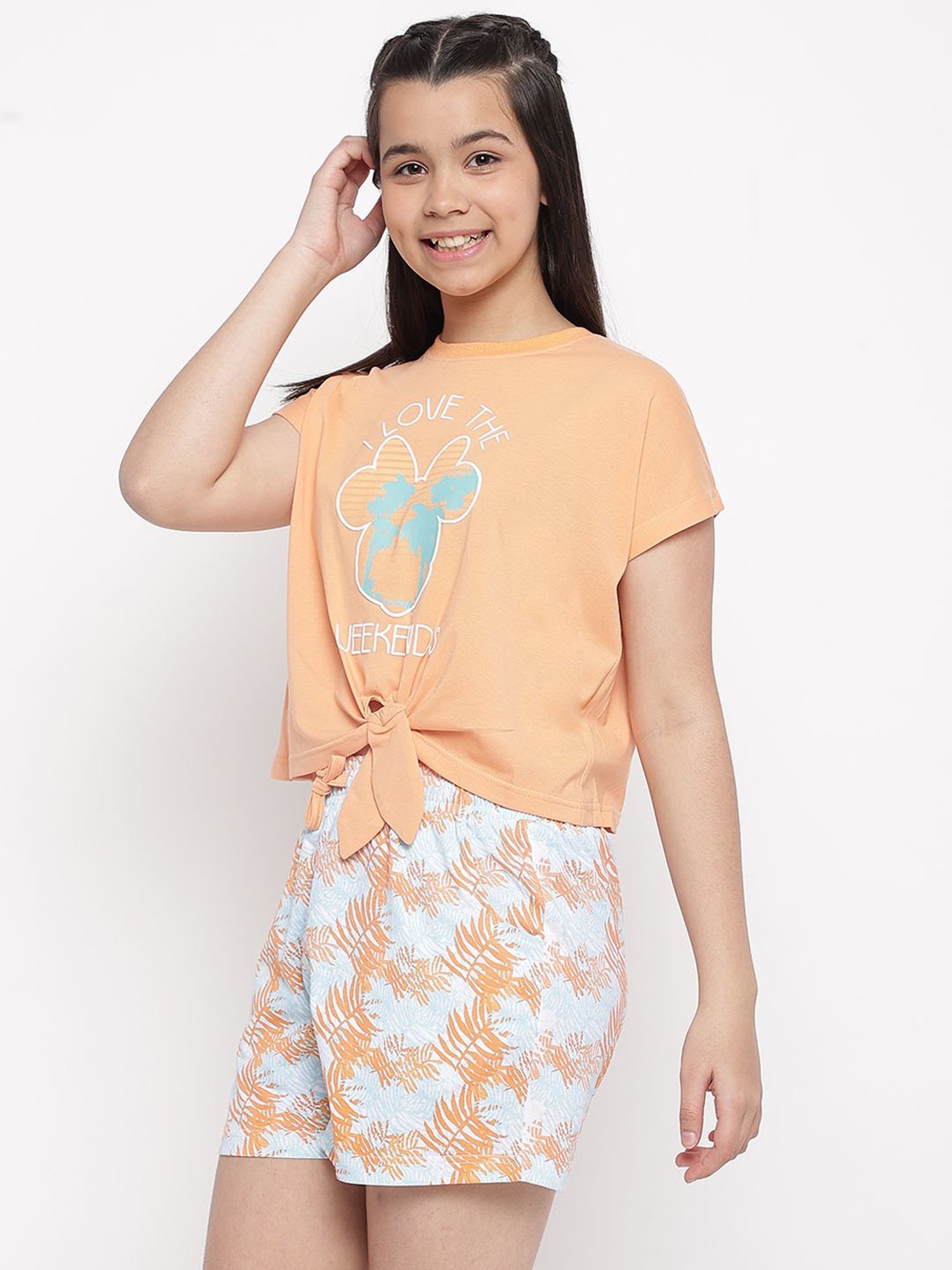 Lil Tomatoes Girls Peach Printed T-Shirt with Shorts