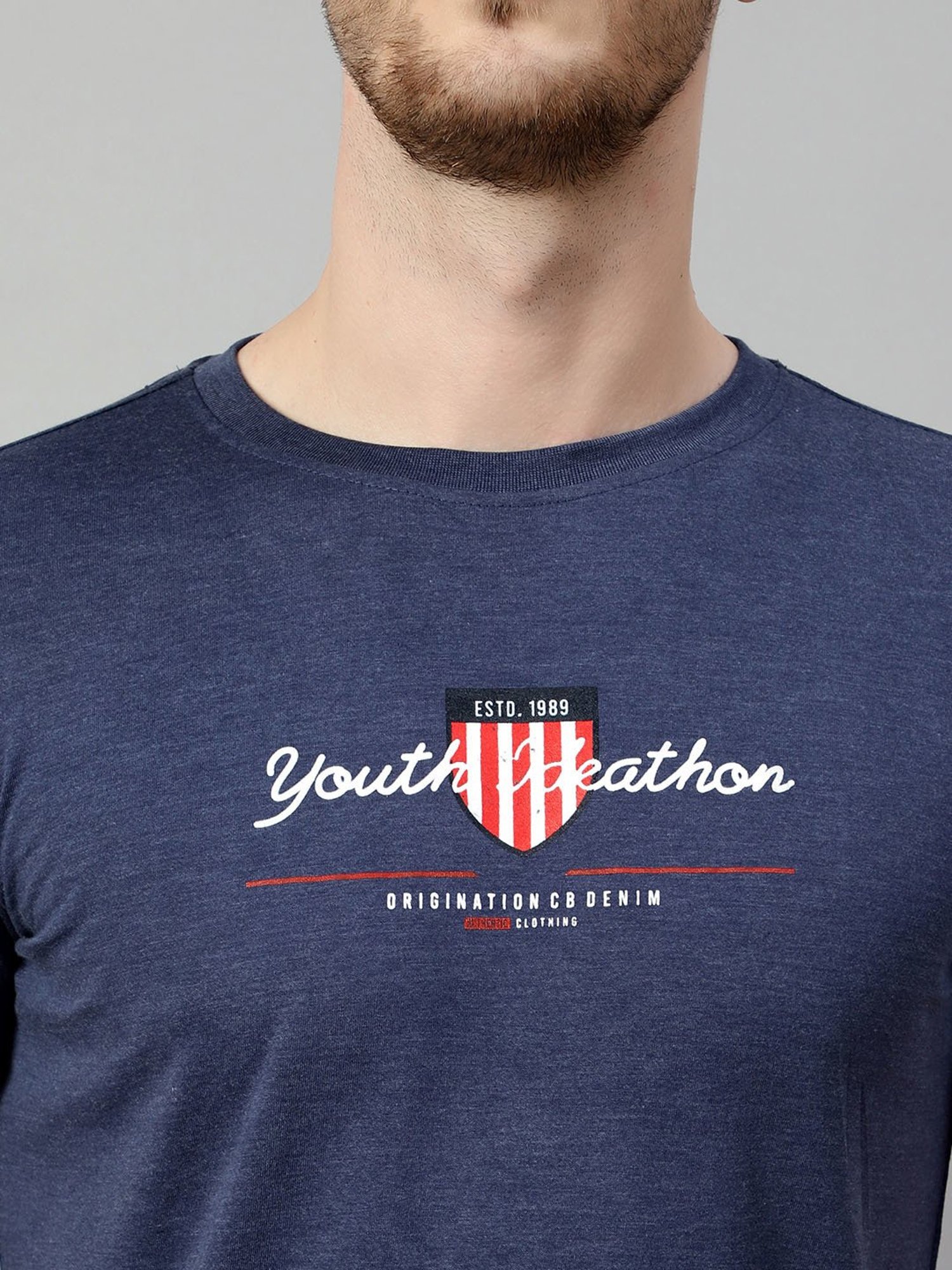 Cantabil Blue Regular Fit Printed Crew T-Shirt