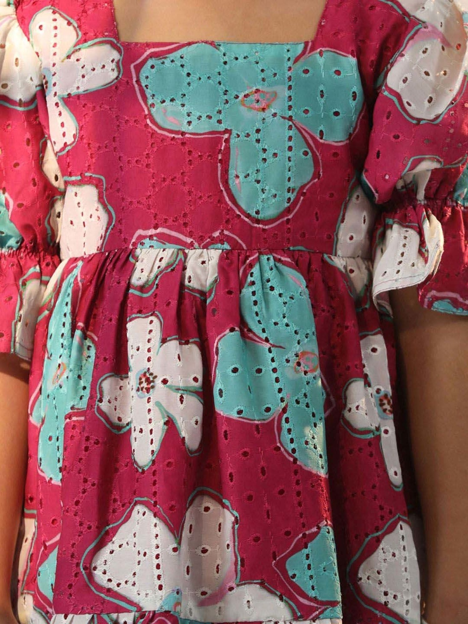 VASTRAMAY Girls Pink & Blue Floral Dresses