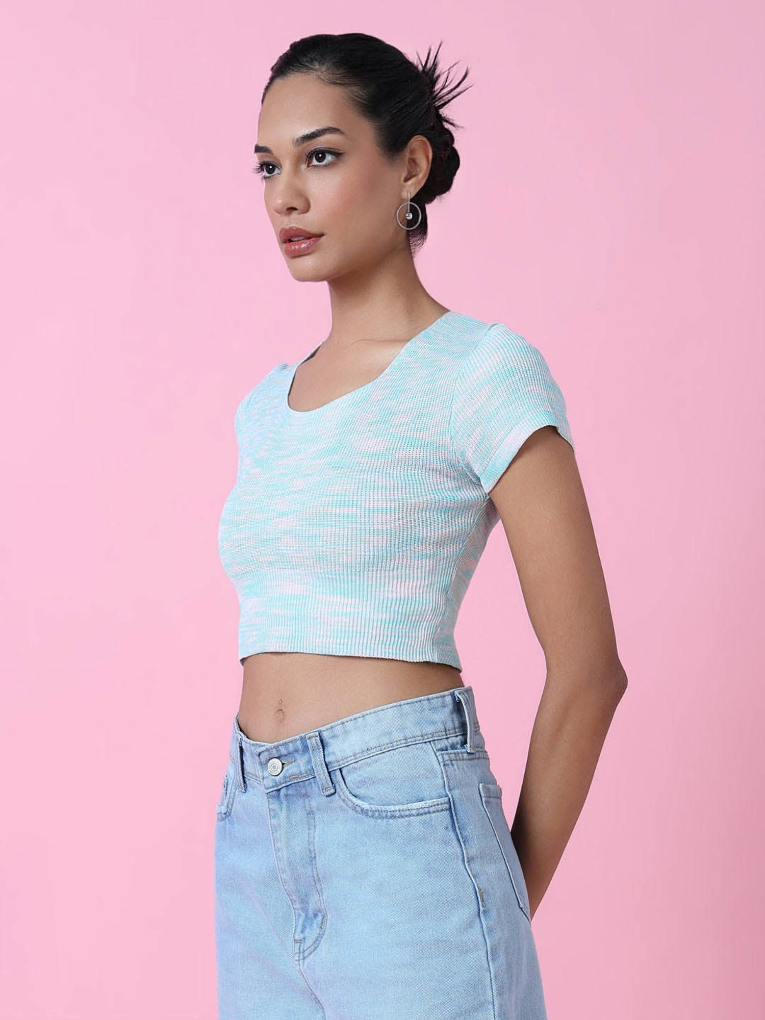SHOWOFF Blue Textured Crop Top