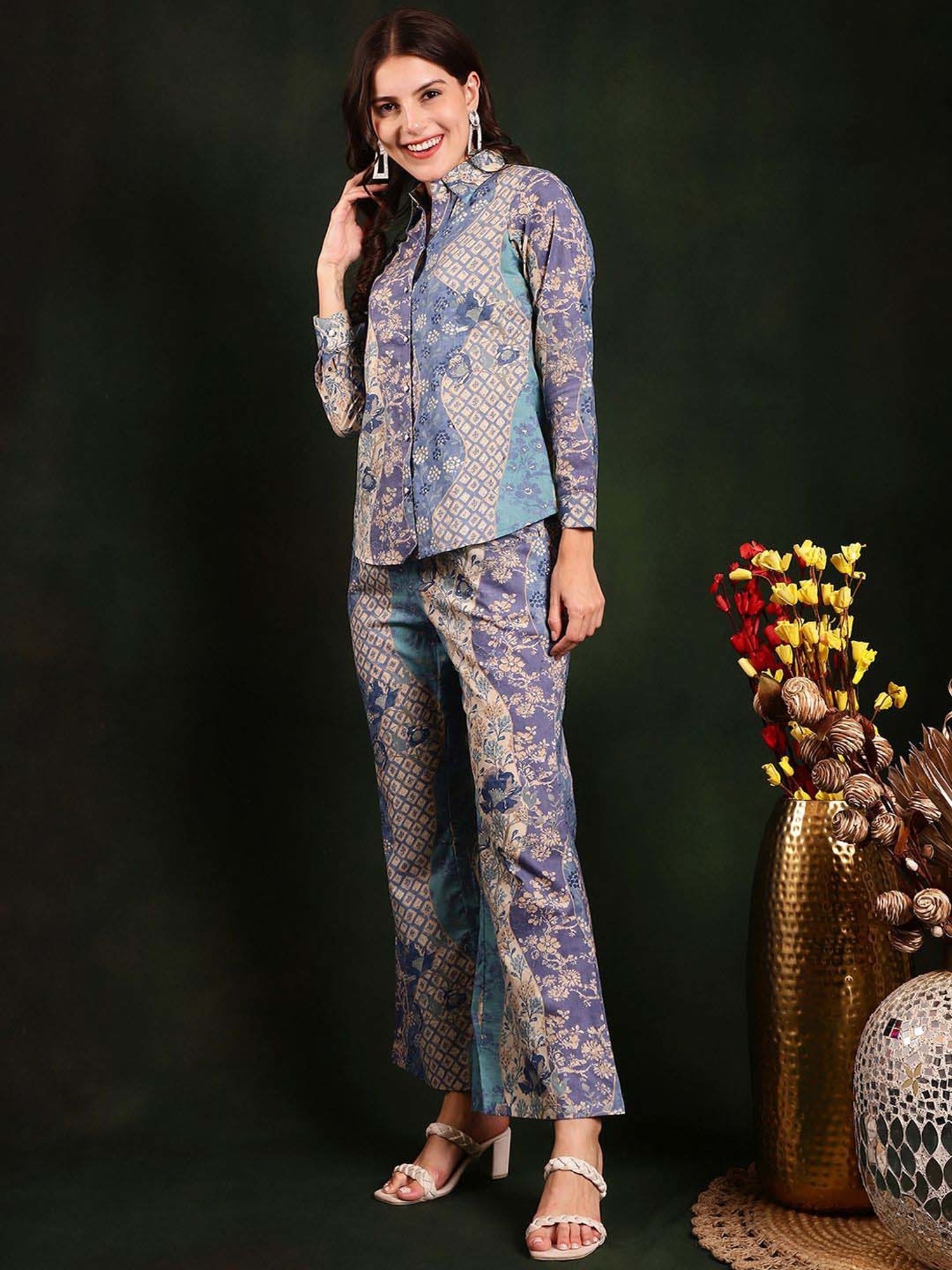 Claura Blue Cotton Printed Shirt Pant Set