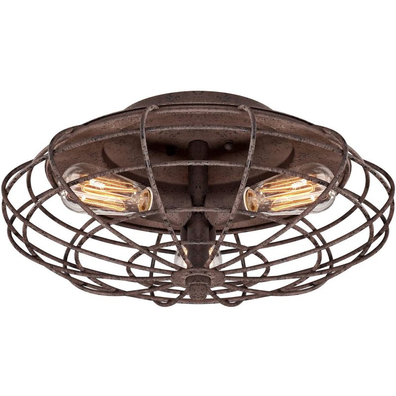 Franklin Iron Works Industrial Ceiling Light Flush Mount Fixture LED Dark Rust Caged 18 1/2" Wide 3-Light for Bedroom Kitchen