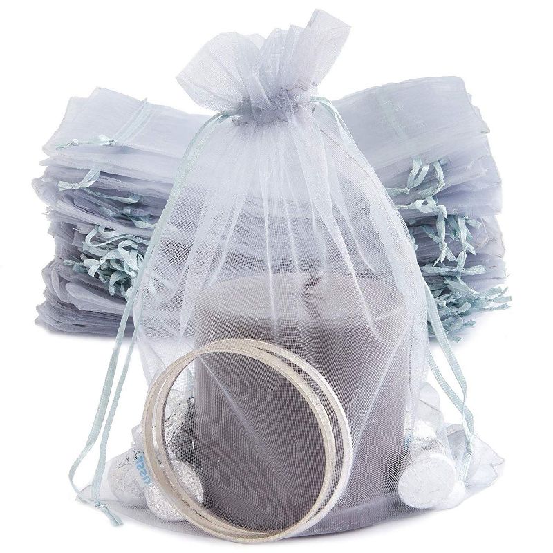 Sparkle and Bash 100PCS 10" Organza Bags Silver Wedding Favor Bags with Drawstring Premium Jewelry Pouches Party for Festival Gift and Candy Bags
