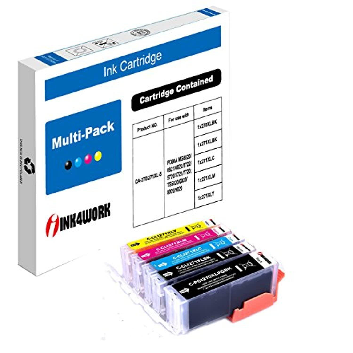 ink4work 5 pack compatible ink cartridge replacement for canon pgi-270xl cli-271xl pgi 270 cli271 xl for canon pixma ts5020 t60
