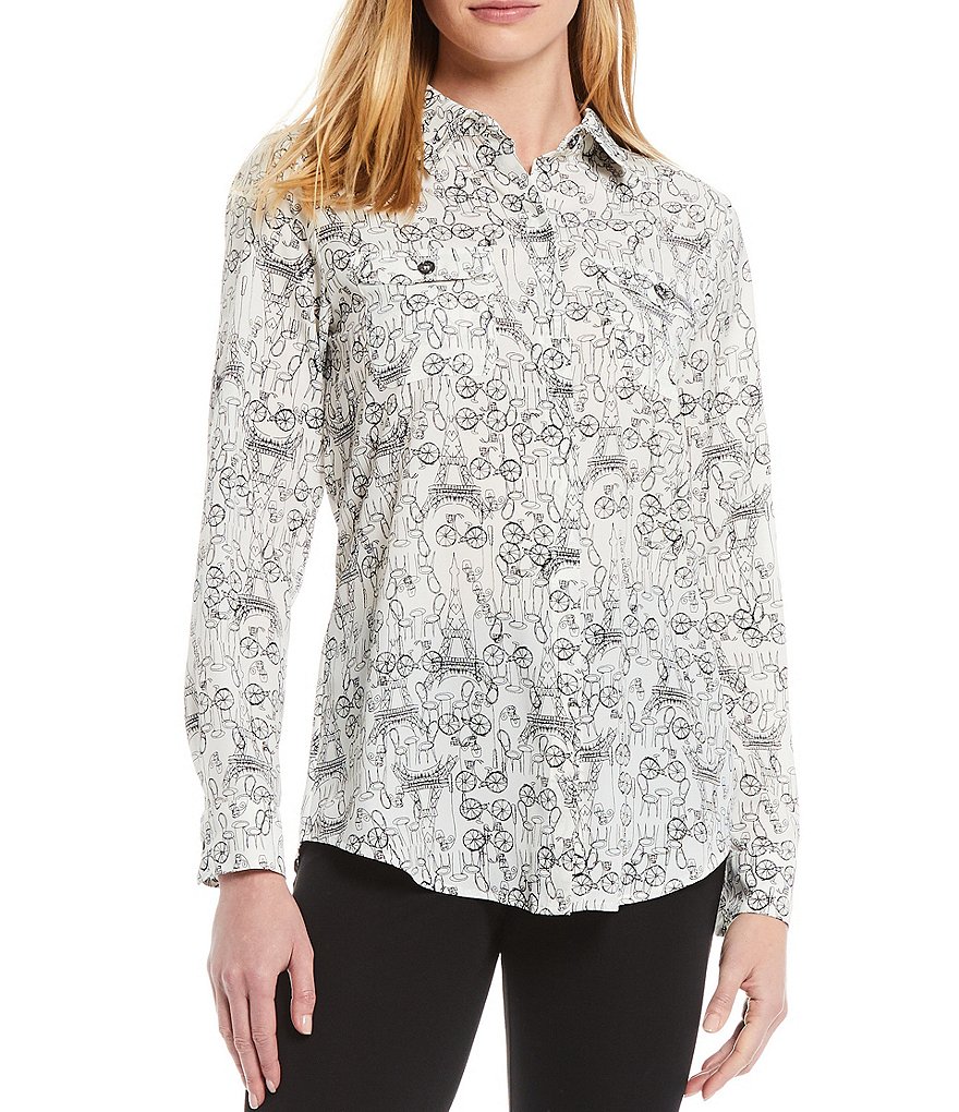 KARL LAGERFELD PARIS Whimsical Roll Tab Long Sleeve Point Collar Crepe Blouse