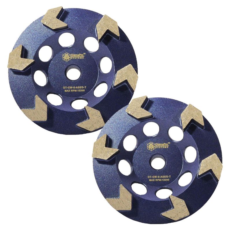 DiamaPro Systems Threaded 5 Inch 6 Arrow Segment Concrete Grinding Cup Wheel for Grinding, Preparation, & Removing Glue/Grout/Coating (2 Pack)