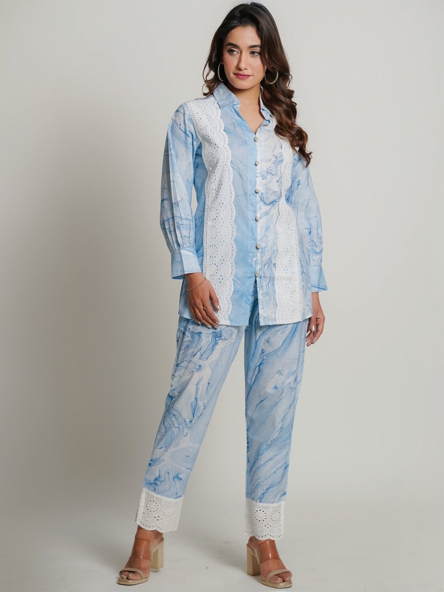 Zolo Label Sky Blue Cotton Printed Shirt Pant Set