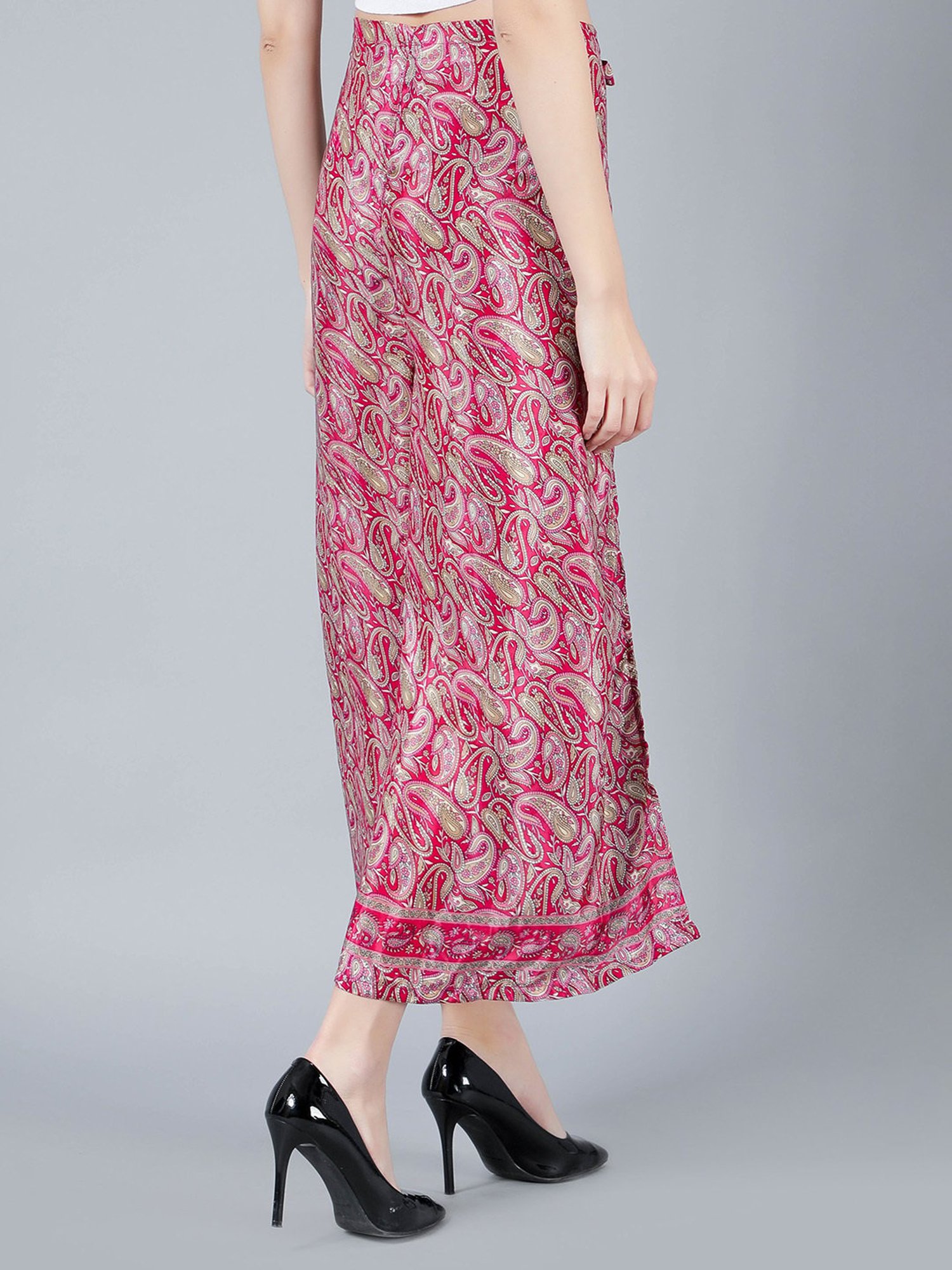 Aditi Wasan Maroon Printed Relaxed Fit Mid Rise Trousers