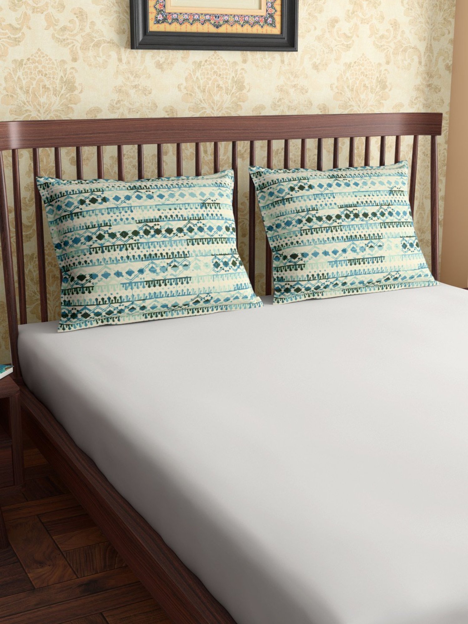 Stoa Paris White & Aqua Cotton 200 TC Pillow Cover - Set of 1