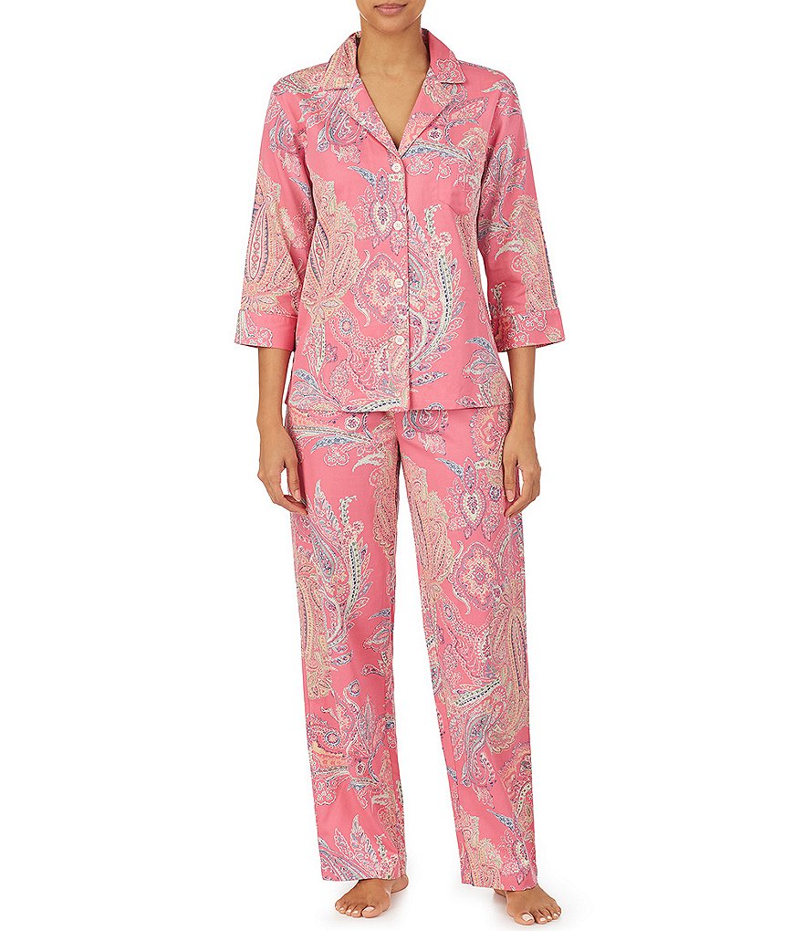 Lauren Ralph Lauren Petite Paisley Print Sateen 3/4 Sleeve Notch Collar Top Pajama Set