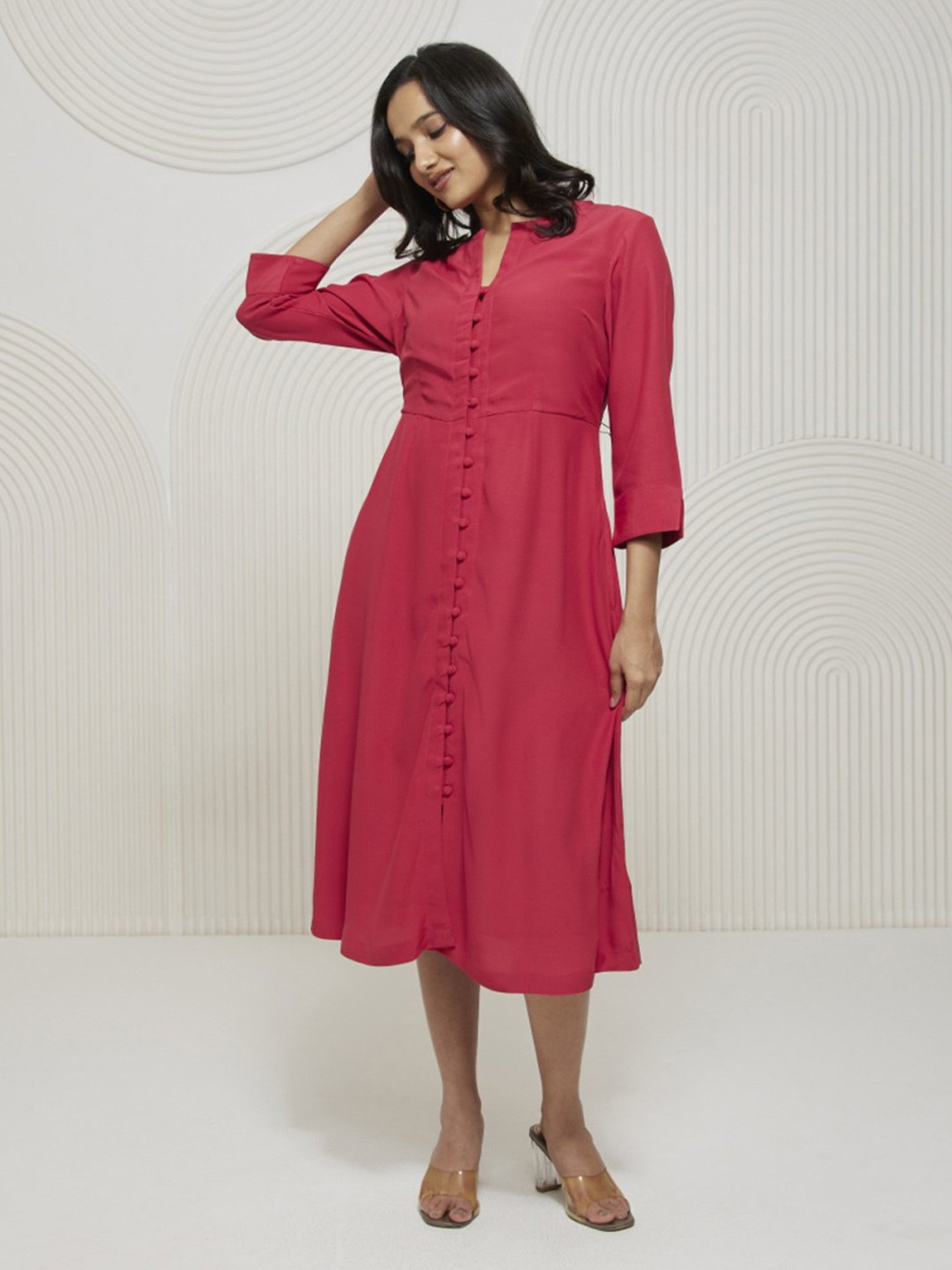 Artagai Tea Berry Elevated Basics Fit and Flare with Front Buttons Dress
