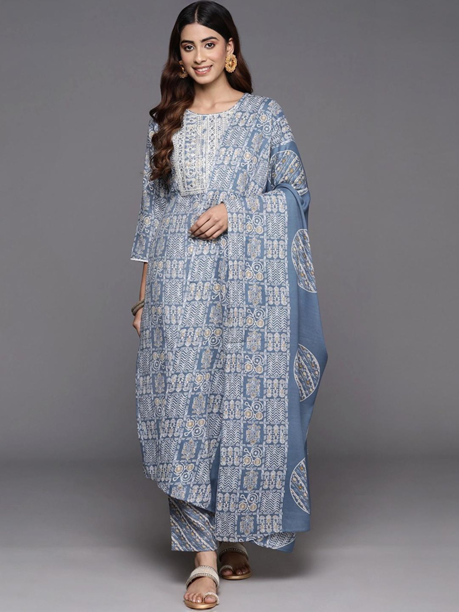 Varanga Blue Printed Kurta Pant Set With Dupatta