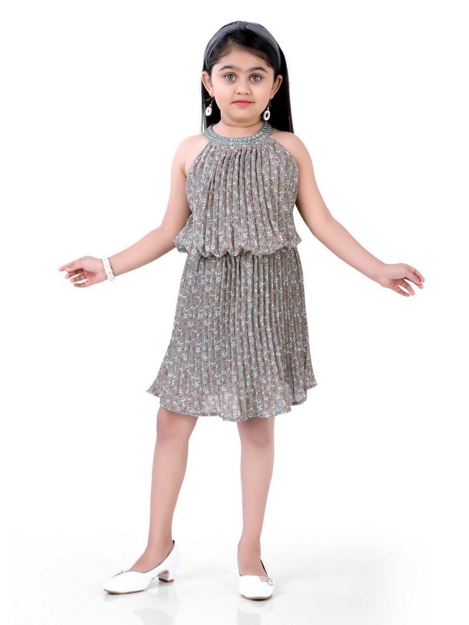 poplins Kids Green Cotton Floral Print Dress