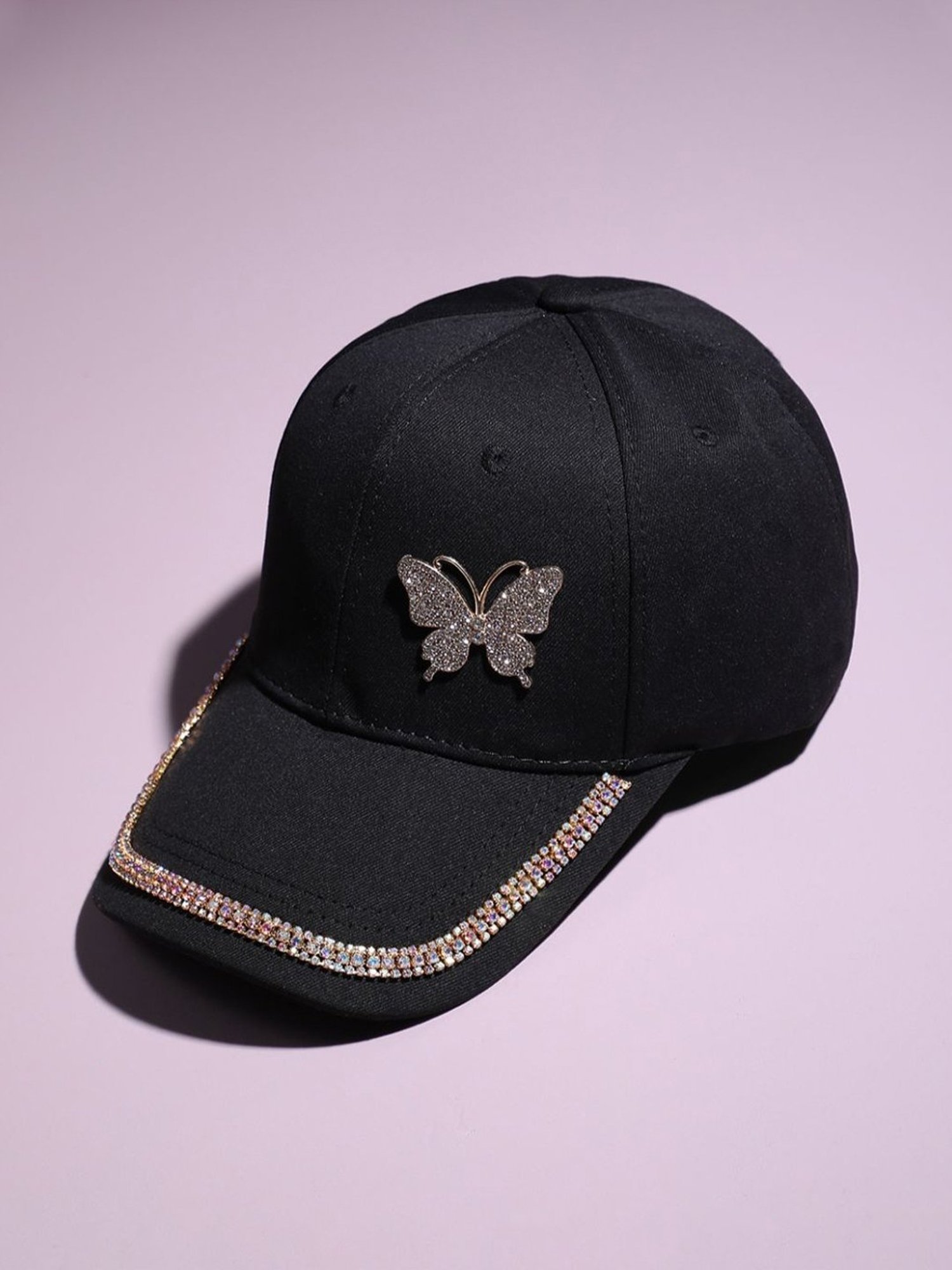 HauteSauce Black Embellished Rhinestone Butterfly Baseball Cap