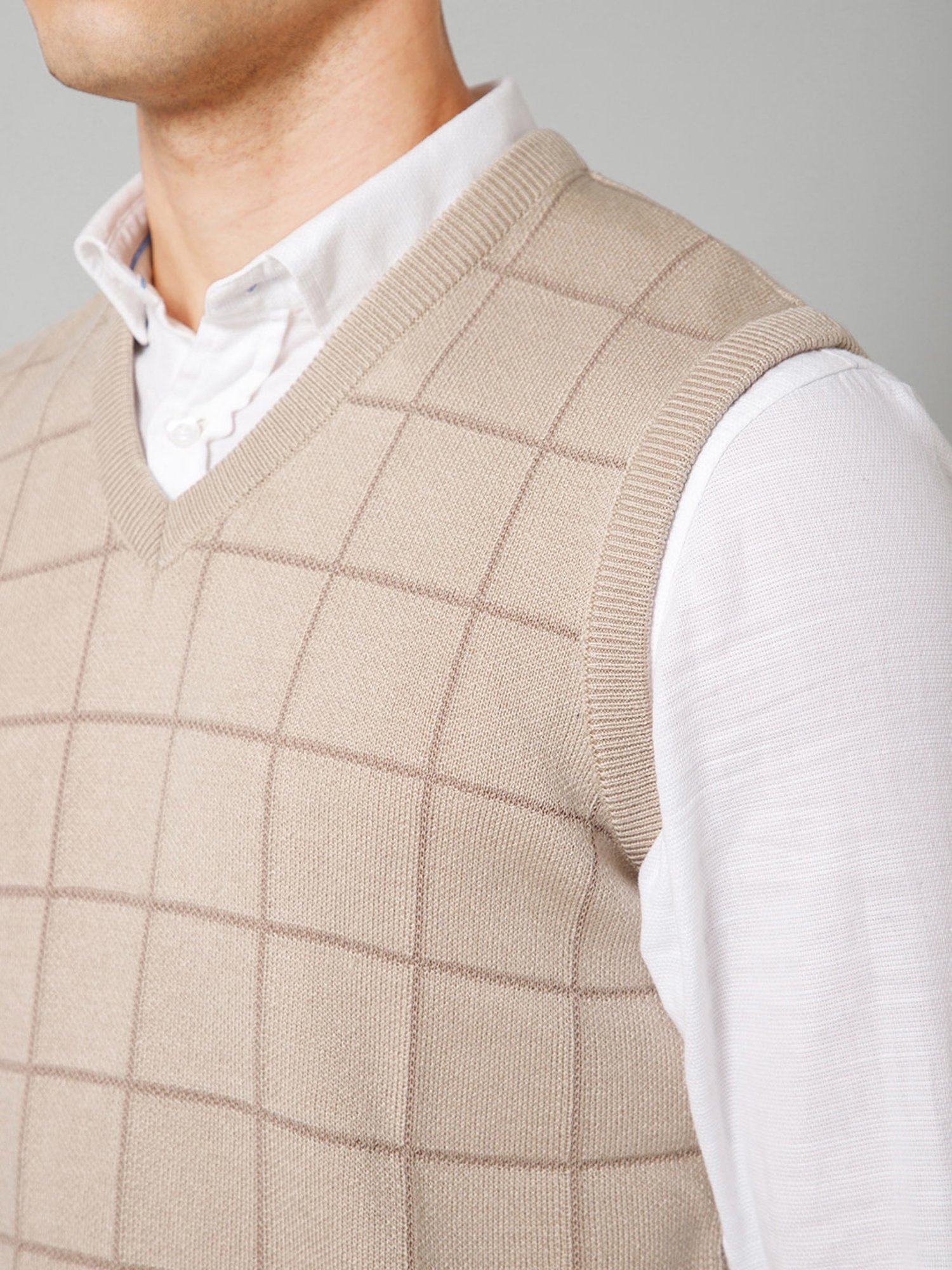 Cantabil Beige Regular Fit Sleeveless Check Sweater