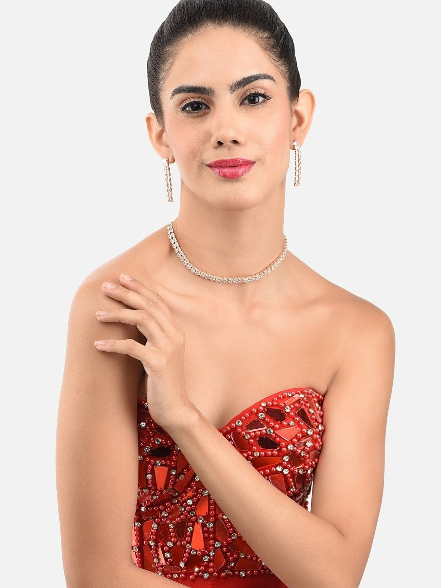 Zaveri Pearls Rose Gold Dazzling Cubic Zirconia 2 Strands Necklace Earring & Bracelet Set-ZPFK12571