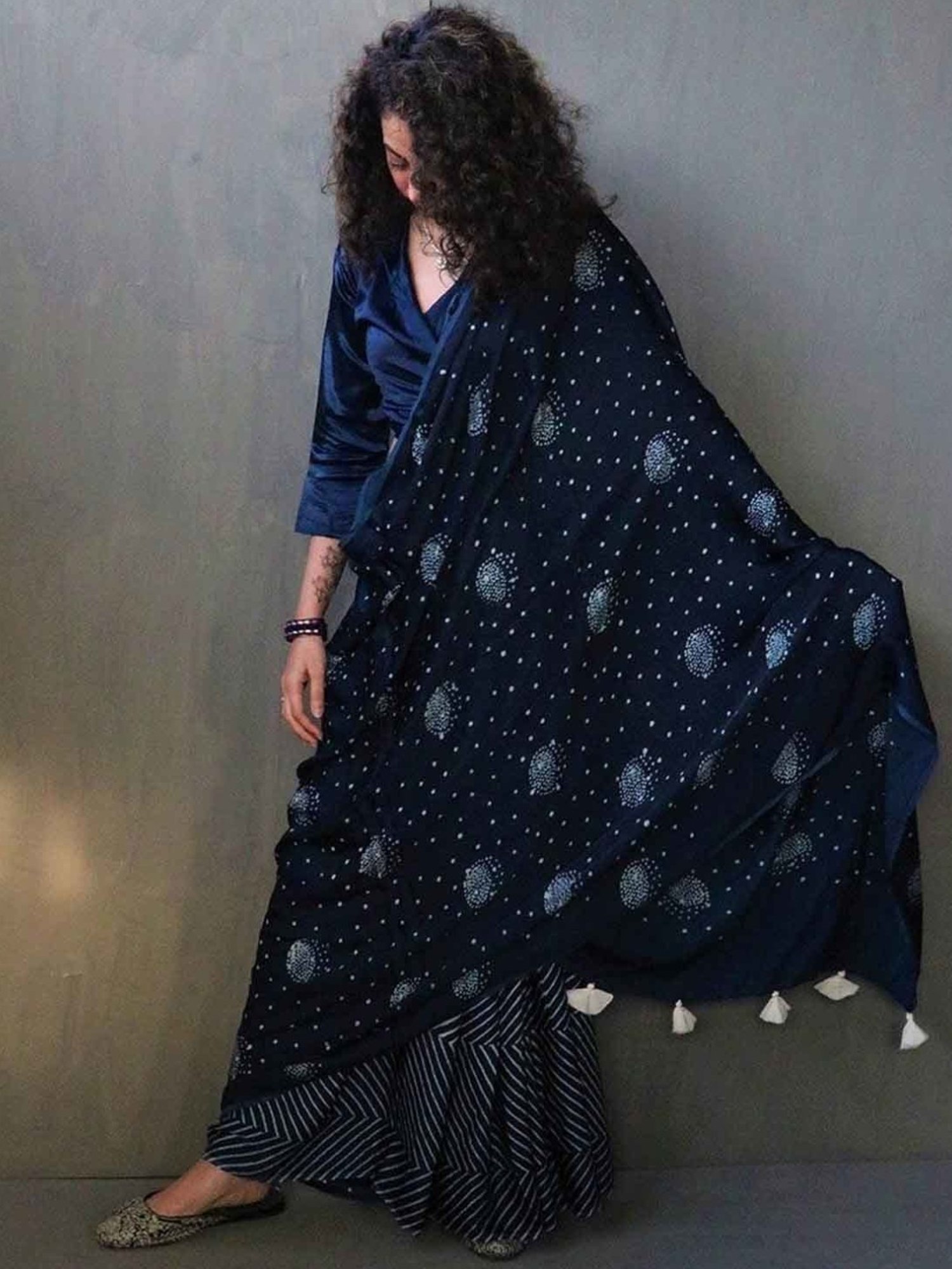 Chidiyaa Blue Luna Block Printed Modal Silk Saree