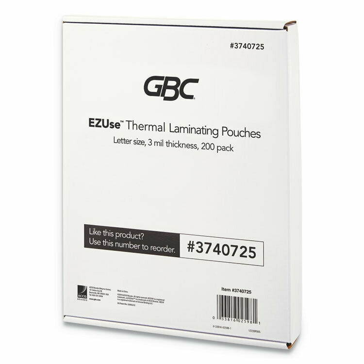 GBC EZUse Thermal Laminating Pouches  3 mil  8 1/2" x 11"  Clear  Glossy  200