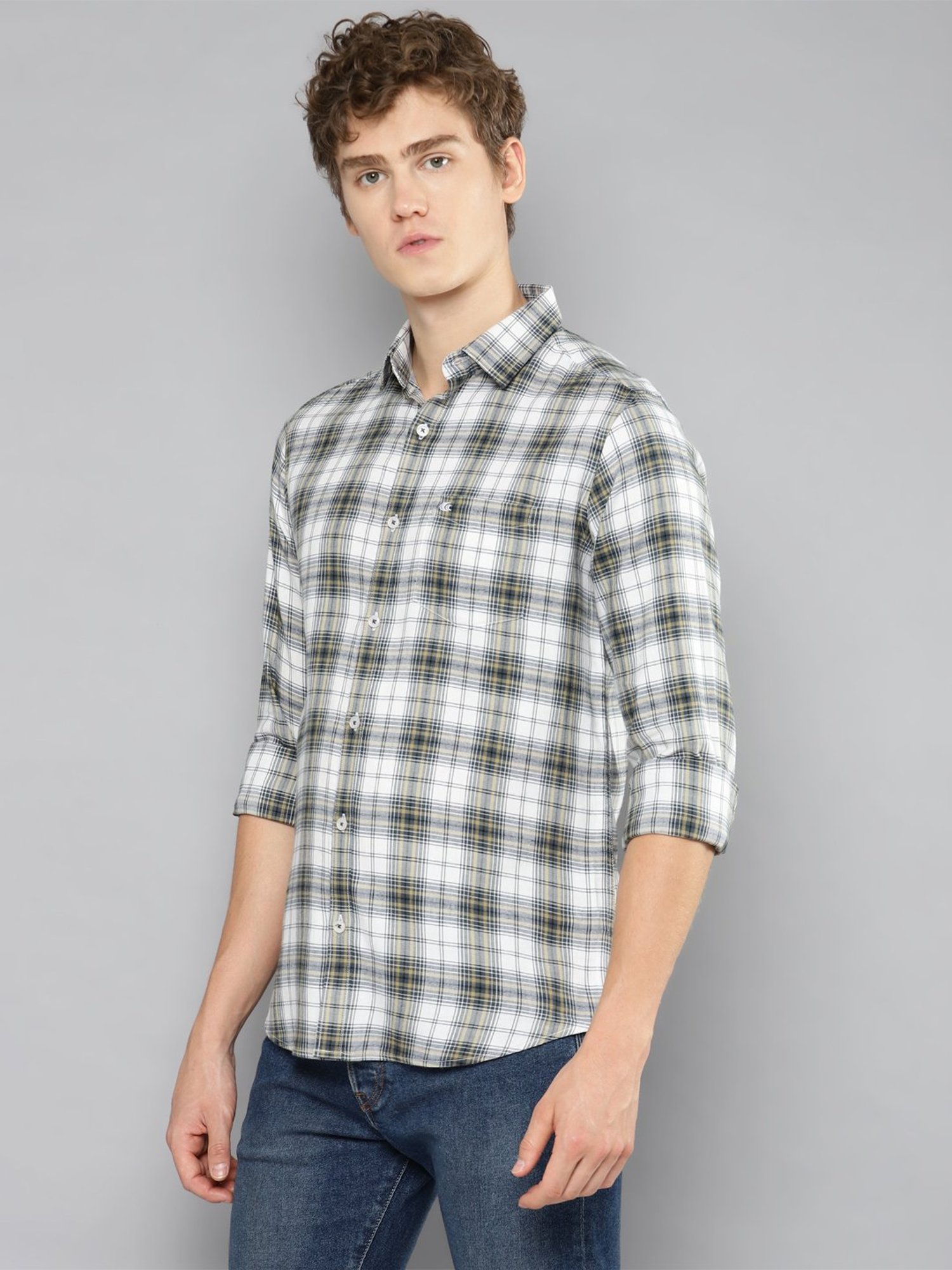 Allen cooper Light Beige & White Regular Fit Check Cotton Shirt