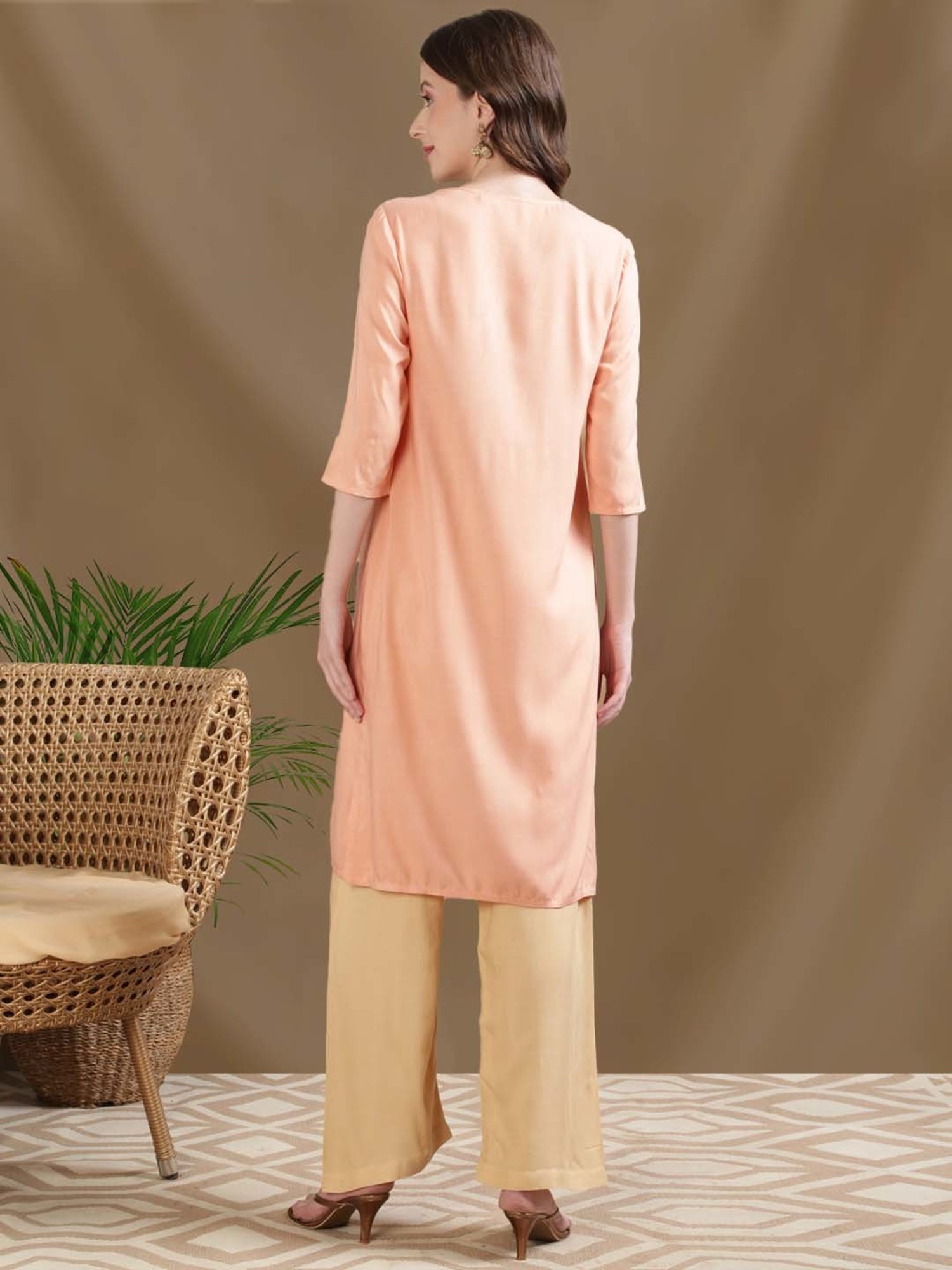 Rangita Peach & Off-White Embroidered Kurta Pant Set