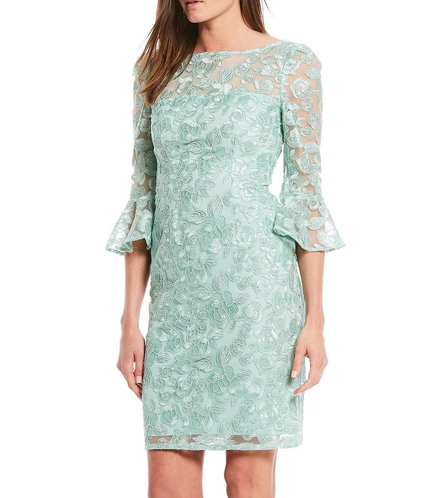 Adrianna Papell 3/4 Bell Sleeve Crew Neck Embroidered Stretch Lace Sheath Dress
