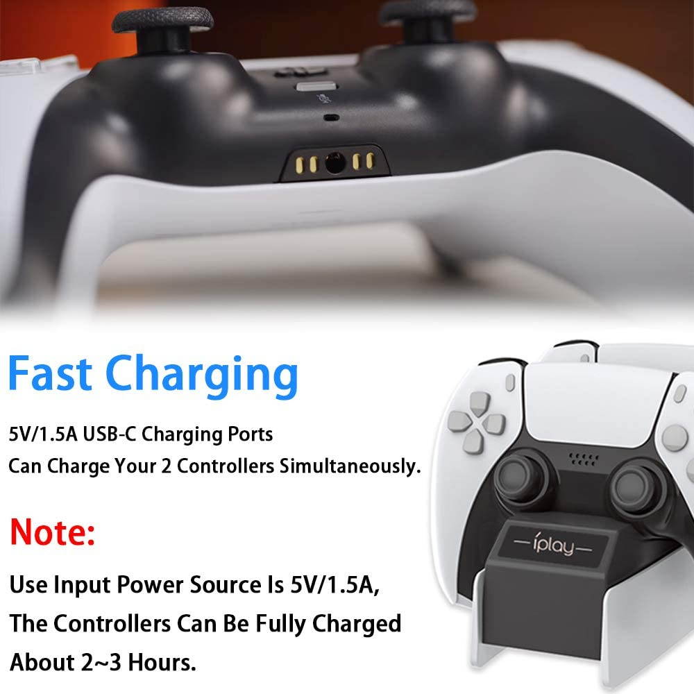 PS5 Controller Charger Station, Fast Dual Controller Docking Station Charging Dock Stand with USB Type C Charge Cable for Sony Playstation 5 Controllers DualSense