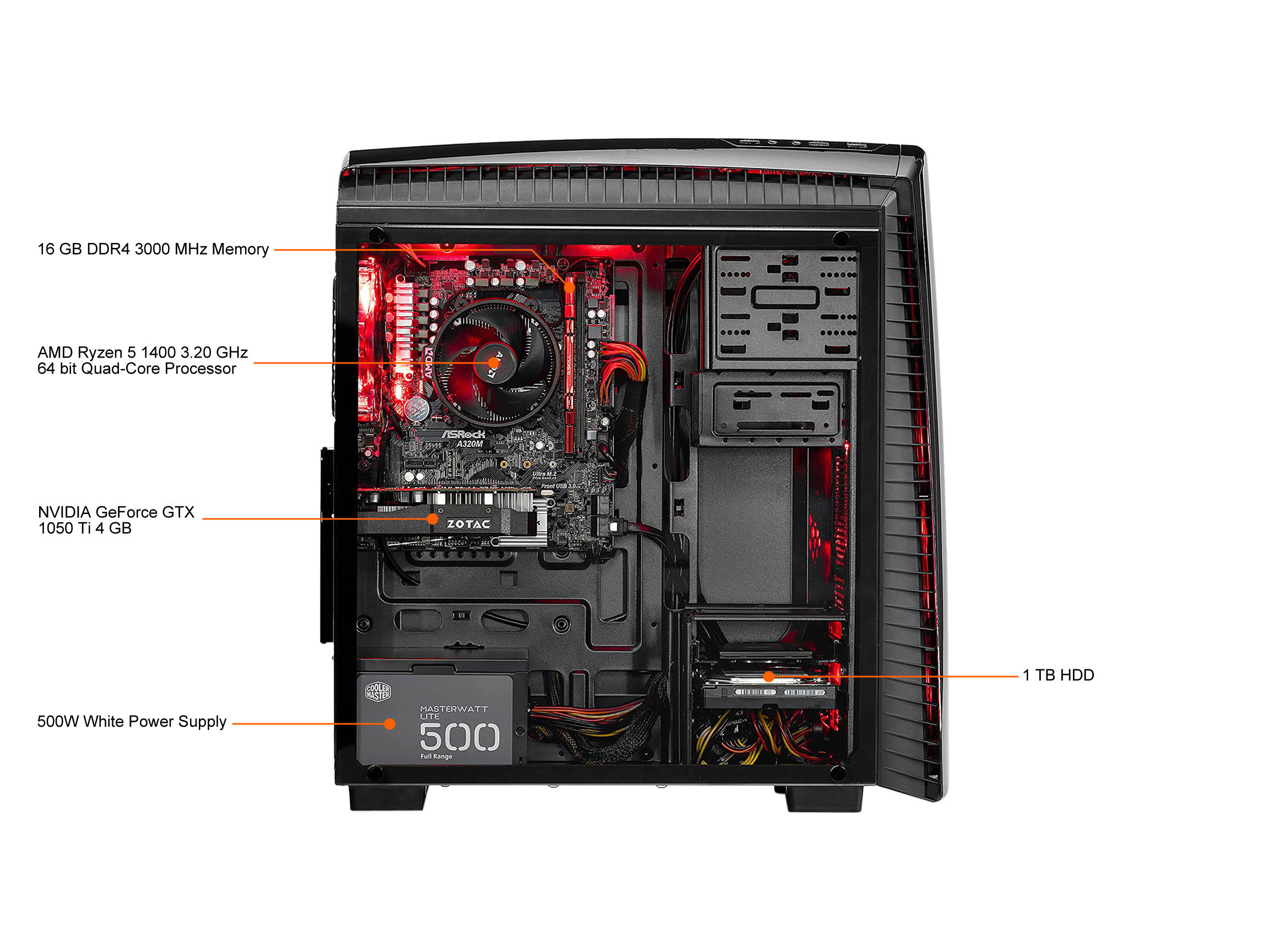 Skytech Gaming Shadow II Gaming Computer Desktop PC - AMD Ryzen 5 1400, GTX 1050 Ti 4 GB, 1 TB HDD, 16 GB DDR4 3000, Windows 10 Home (Refurbished)