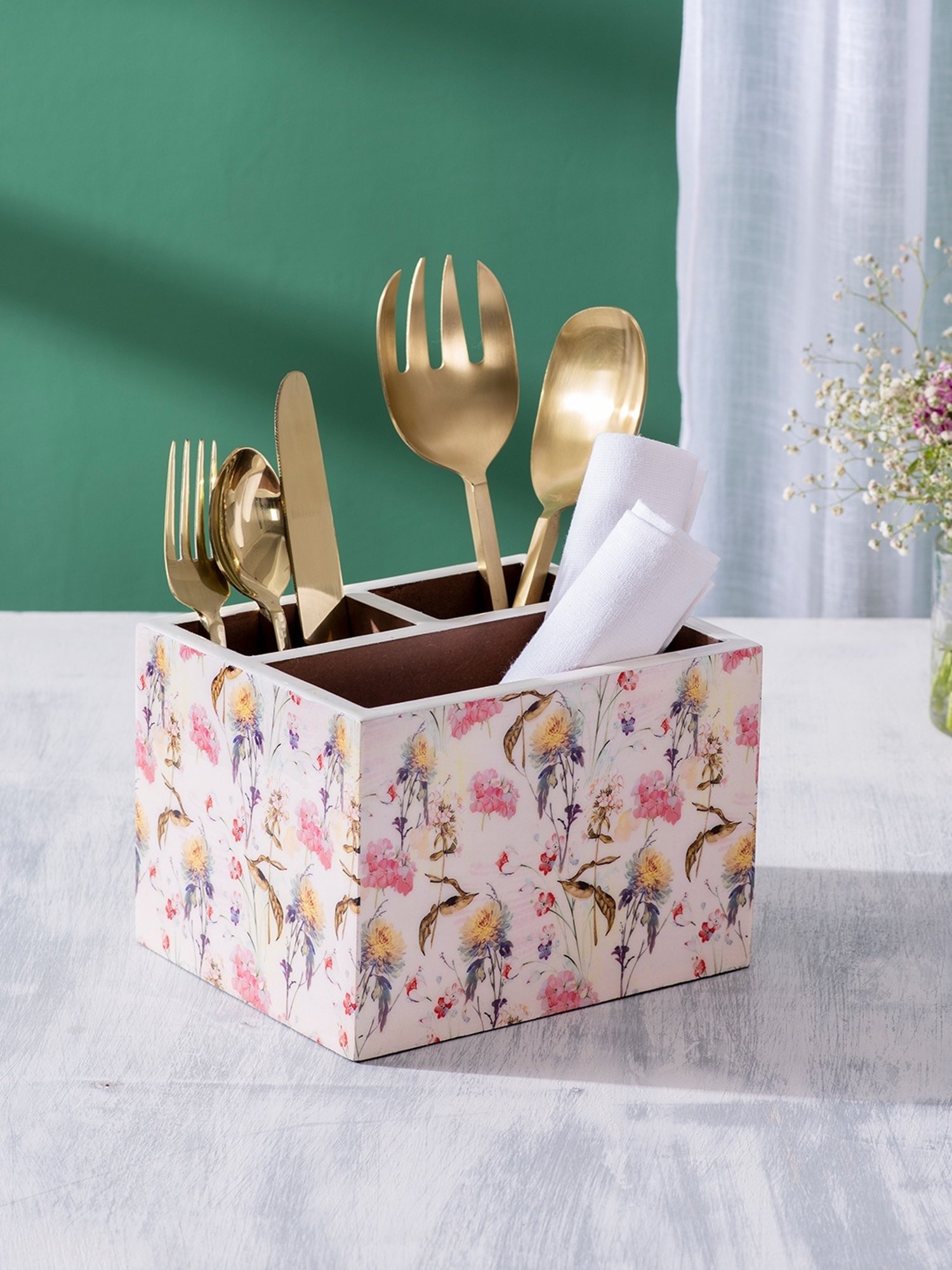 Nestroots Printed Pink Mango Wood 3 Section Cutlery Holder