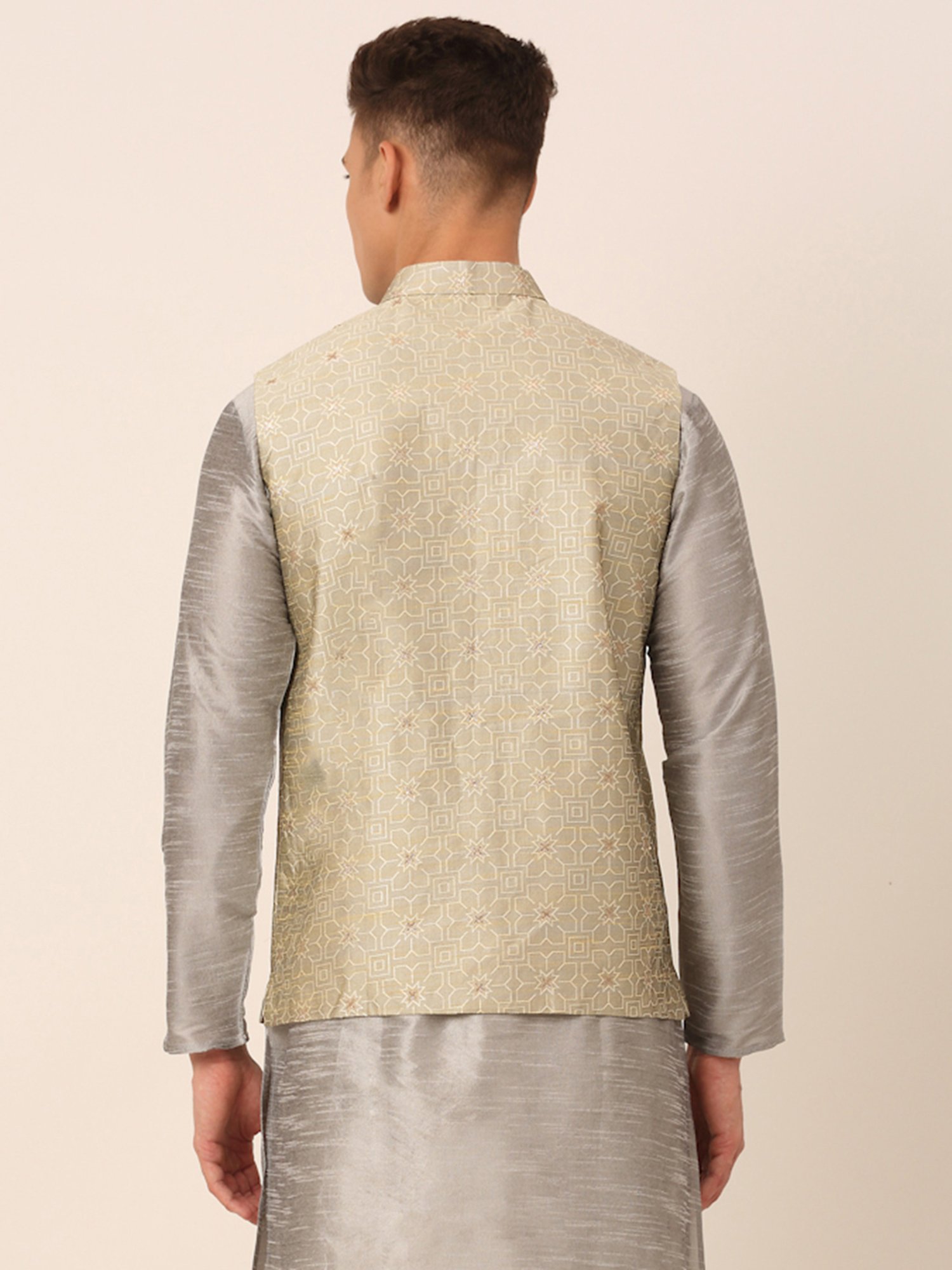 Jompers Beige Regular Fit Embroidered Nehru Jackets