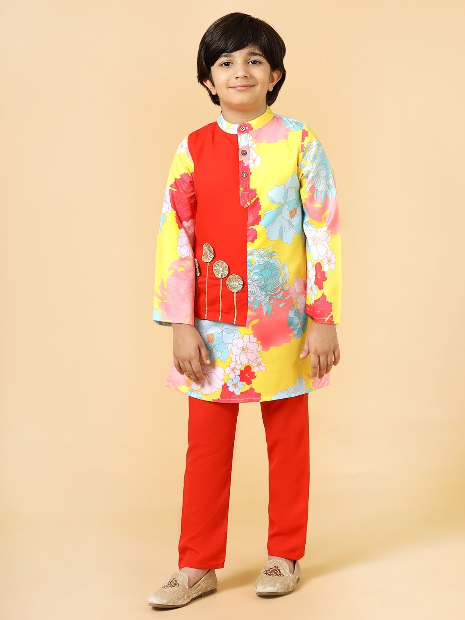 VASTRAMAY Boys Yellow & White Cotton Printed Full Sleeves Kurta Sets