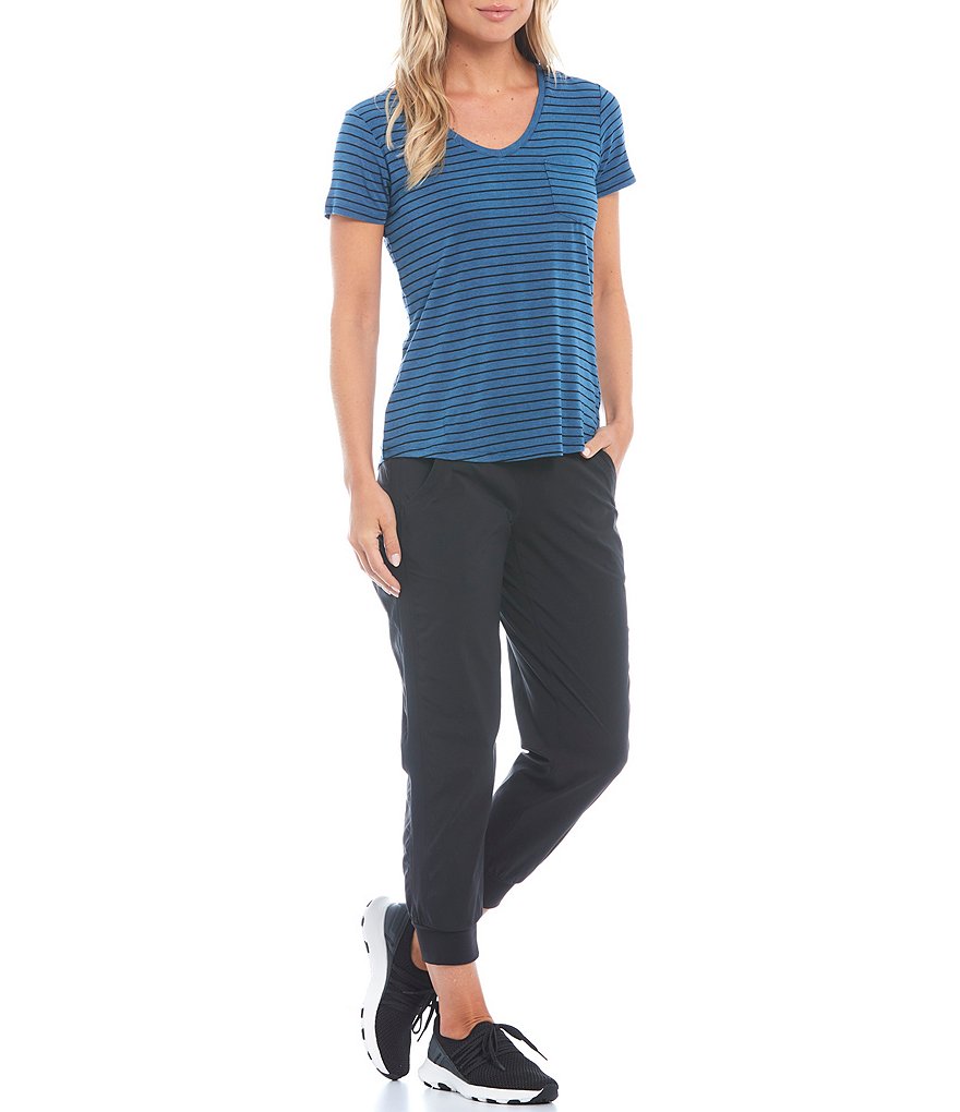 prAna Foundation Lightweight Stretch Jersey Short Sleeve Striped V-Neck Pocket Tee