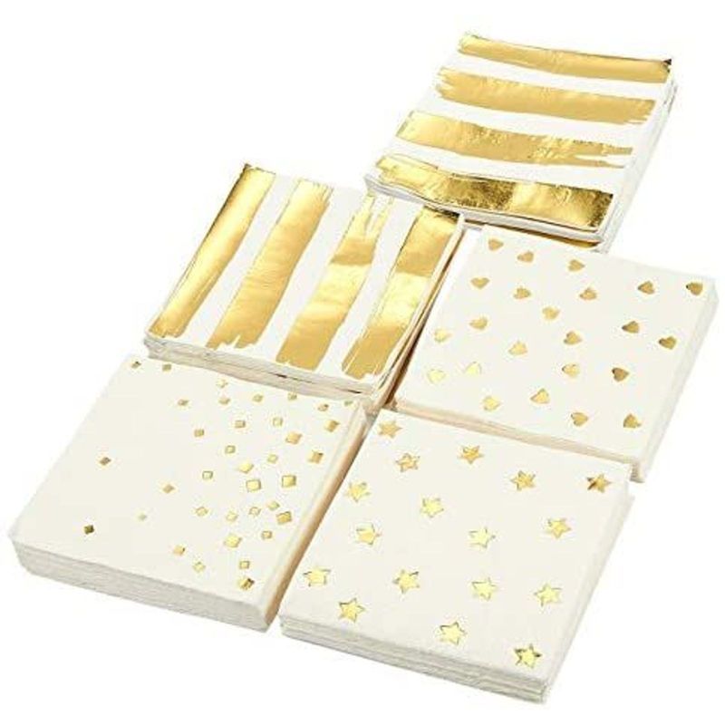Blue Panda 100 Pack Gold Disposable Paper Napkins 5 Assorted Designs Baby Shower Party Supplies, 5x5"