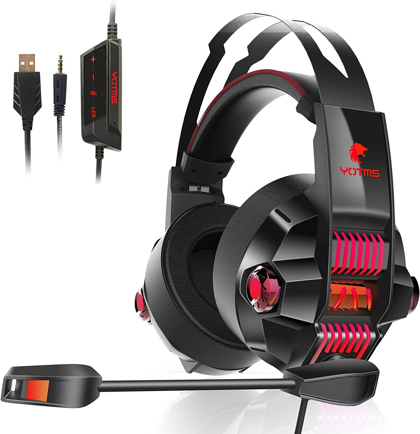 YOTMS Gaming Headset for PS4 PS5 PC Nintendo Switch Xbox One Headset with Noise Cancelling Mic Y1 Pro Wired Over Ear Headphones with RGB Light 7.1 Stereo Sound Soft Earmuffs for Laptop Mac Game