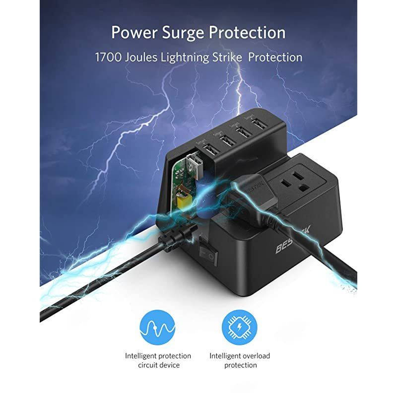 40W 8A 5-Port USB Charging Station 1700 Joule 2-Outlet Power Strip Surge Protector with 5-Feet Cord, Black