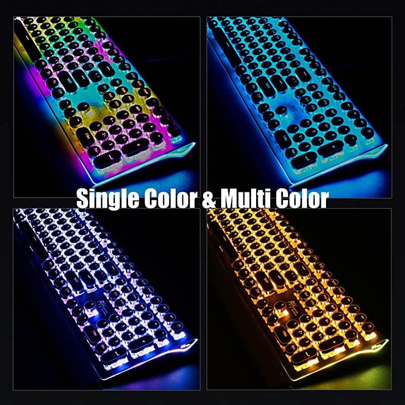 ROYAL KLUDGE Typewriter Style Mechanical Gaming Keyboard with True RGB Backlit Collapsible Wrist Rest 108-Key Blue Switch Retro Round Keycap, Black