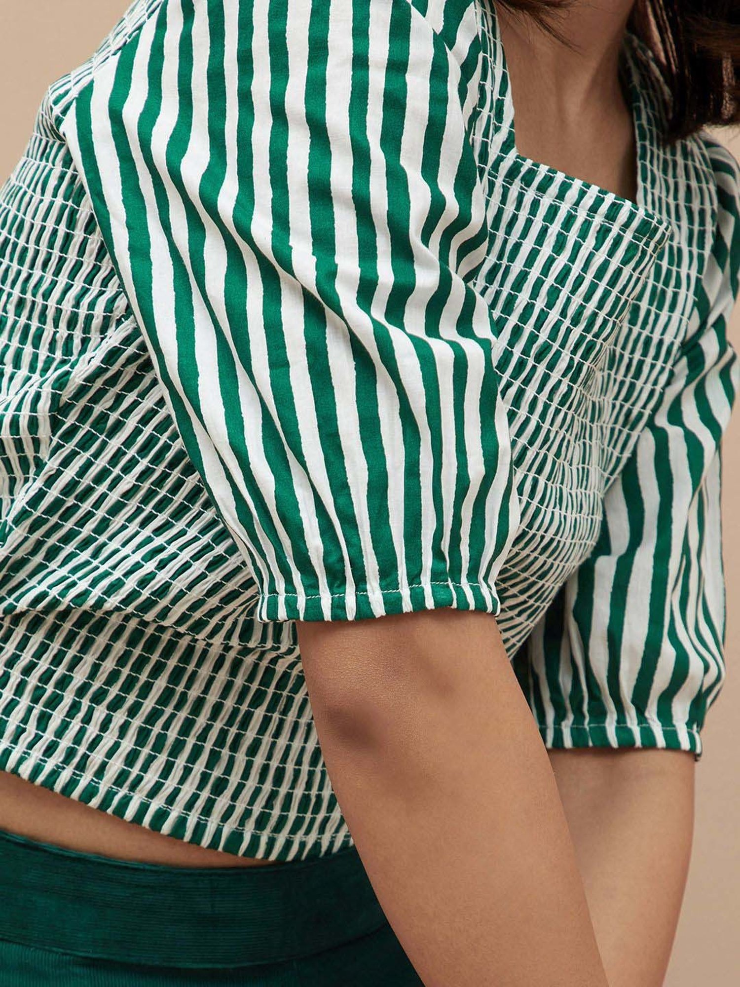 Colour Me by Melange Green Cotton Striped Top